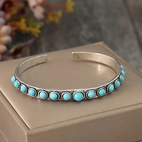 Silver and turquoise coloured stone bangle bracelet - OS - new - Picture 2 of 4